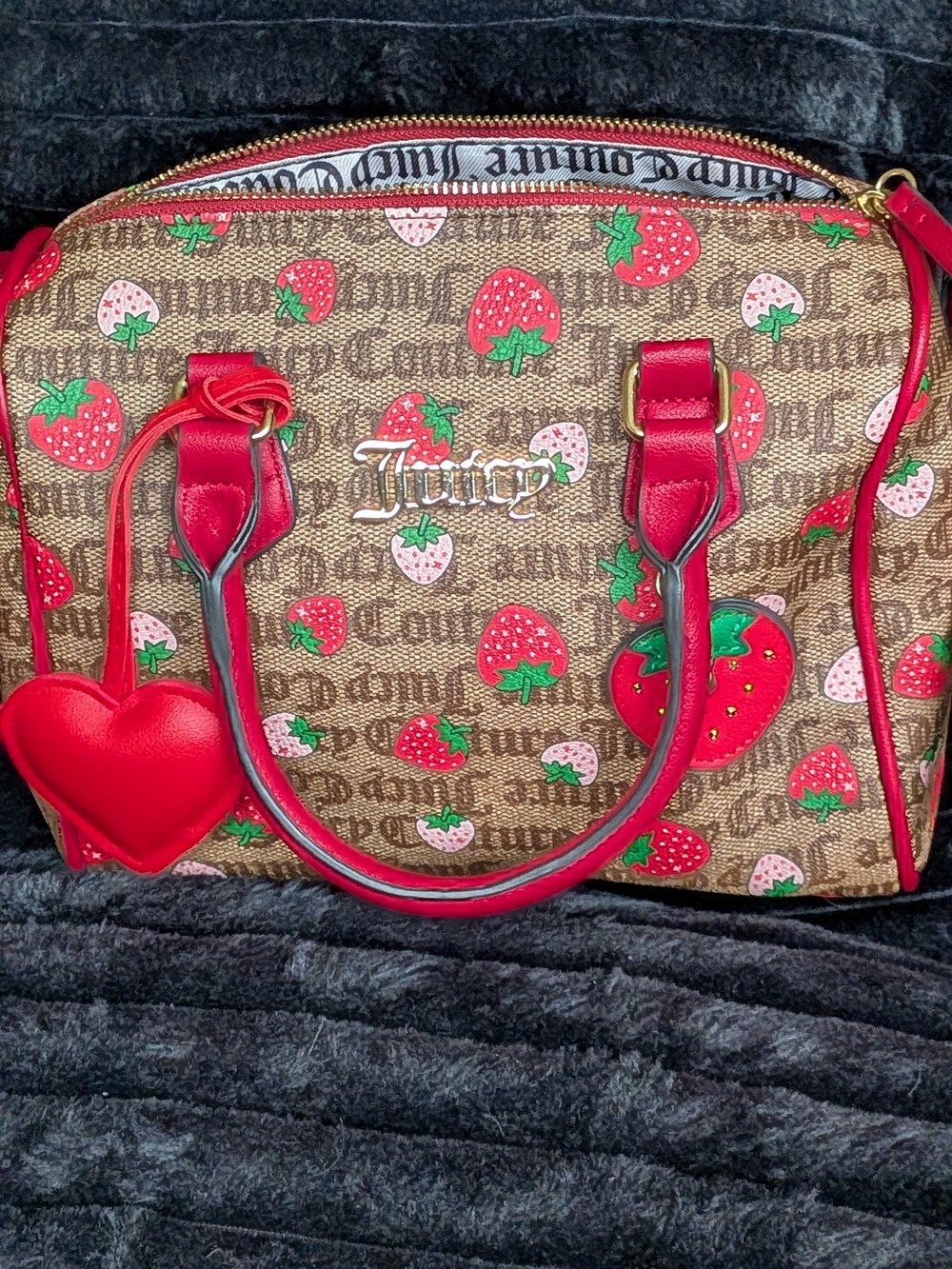 Juicy Couture Brown Strawberry Print Satchel with Red Trim